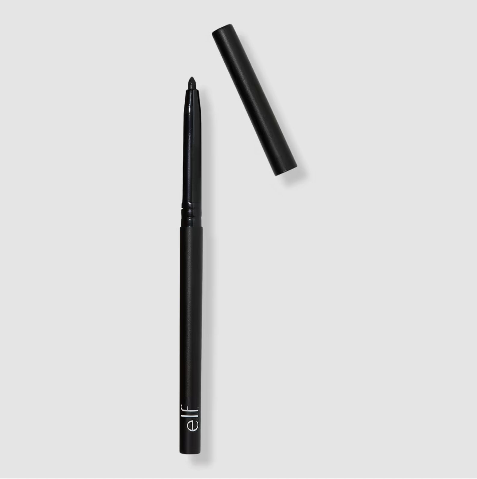 Black retractable eyeliner pencil with cap removed, shown in a sleek matte black tube featuring the e.l.f. Cosmetics logo near the base